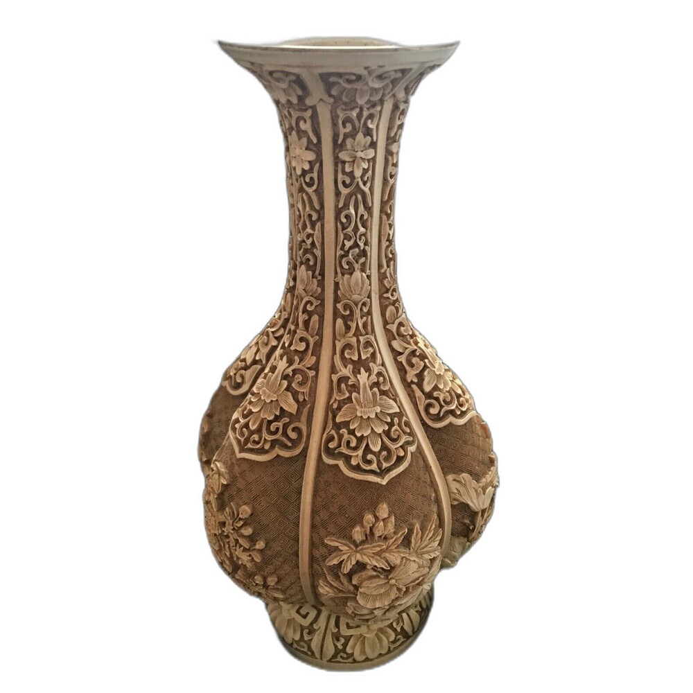 Vintage Arnat Imports  Faux Ivory Dynasty12" Vase 1983 Taiwan Flowers